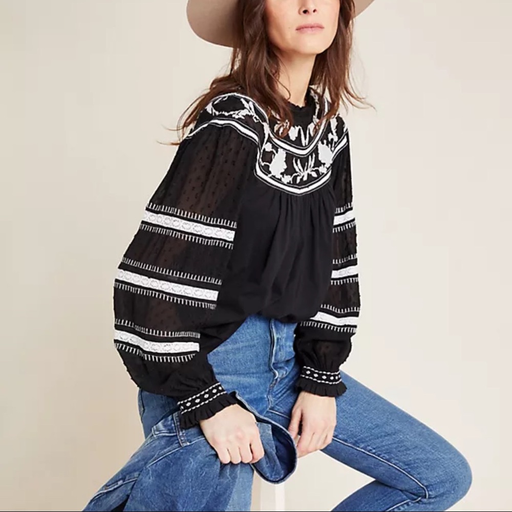 Anthropologie Black and White Embroidered Blouse